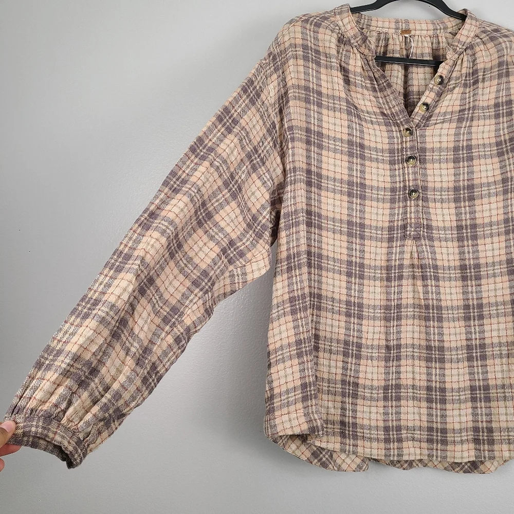 Free People Northern Bound Oversized Flannel Balloon Sleeve Top in Beige Combo